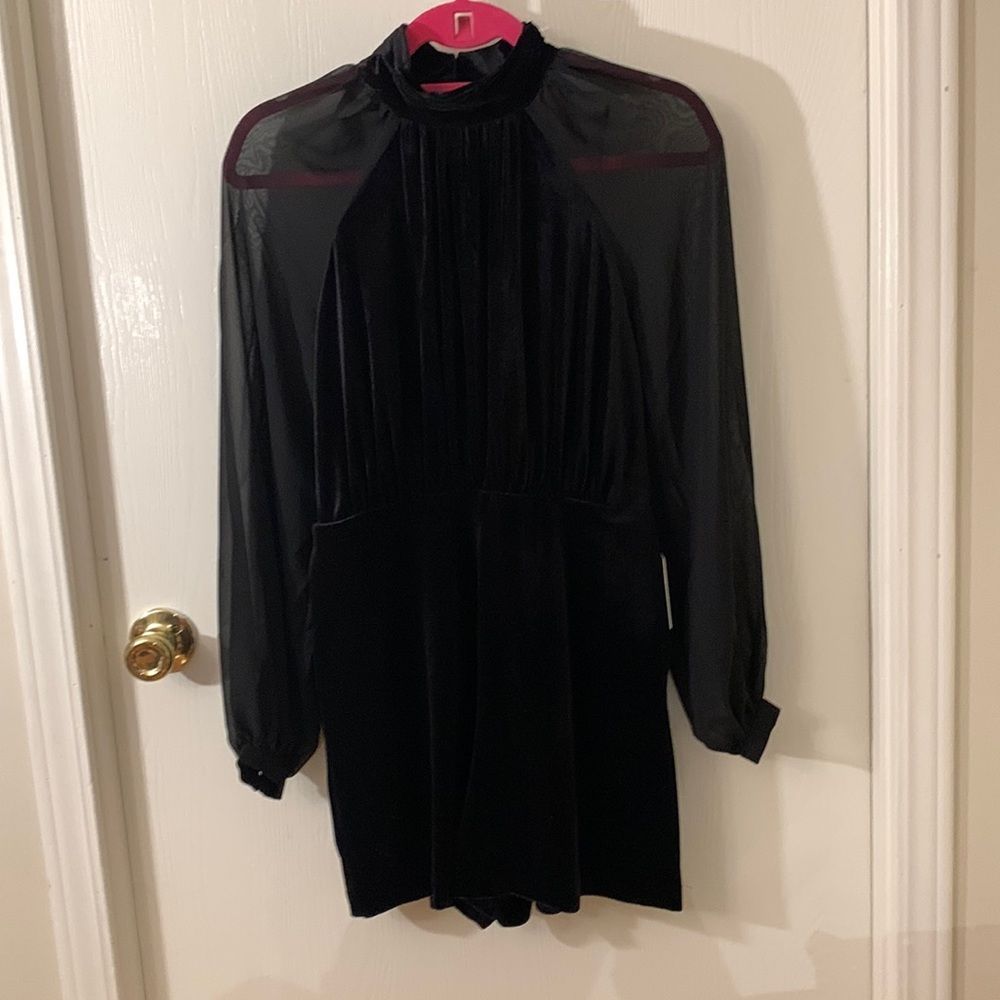 Express NWT black high neck velour, sheer long sleeve shorts romper Size small
